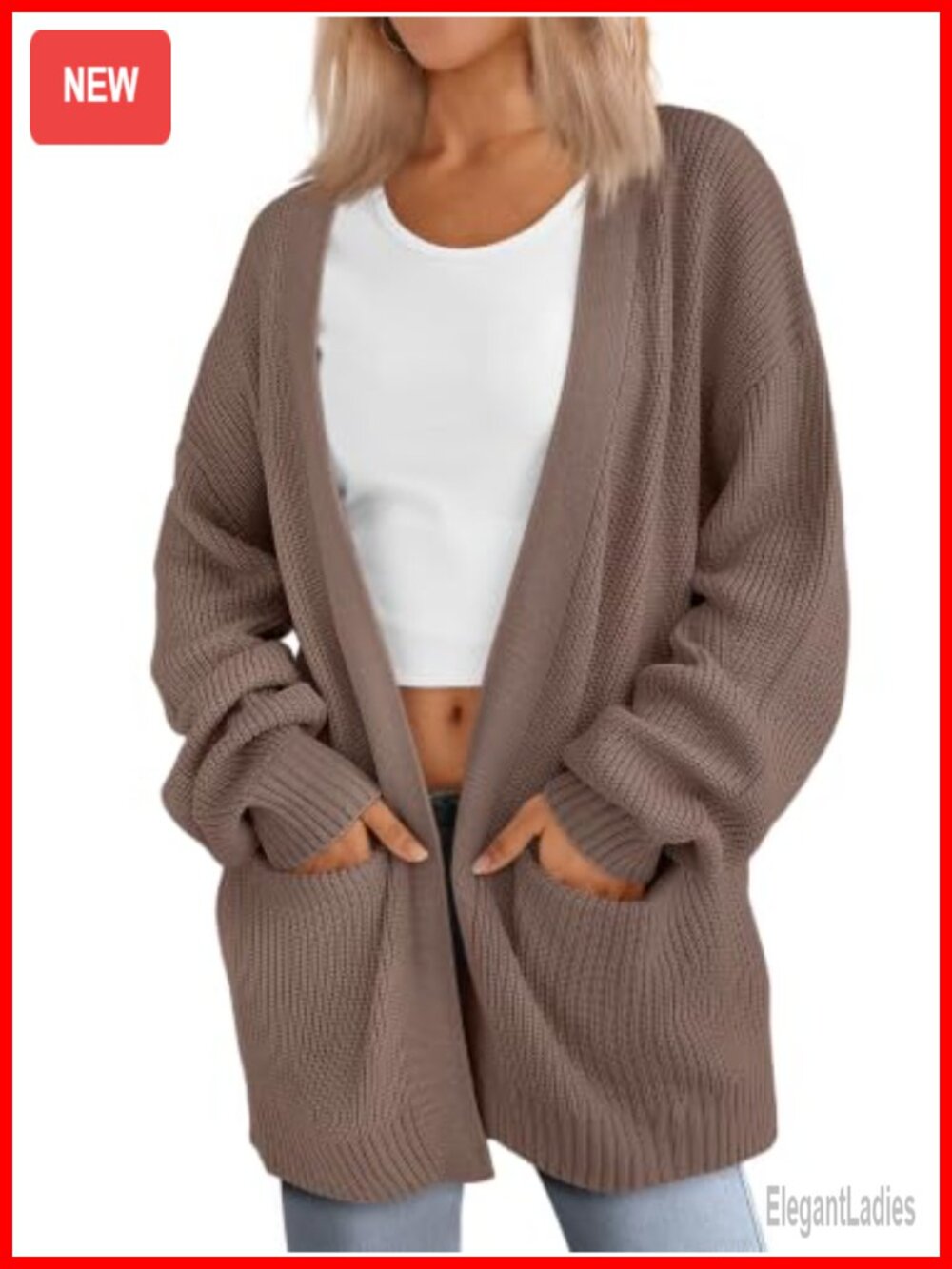 Oversized Soft Knit Cardigan Long Sleeve V-Neck Sweater with Pockets for Women